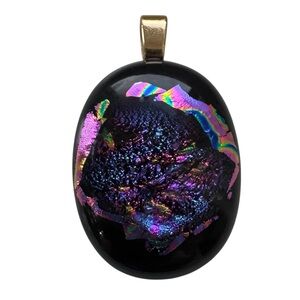 Dichroic Glass Pendant. Gold Toned Leaf Setting. Unique with Vibrant Colors.